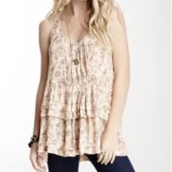 Intimately Free People Cream Paisley Floral Tiered Tunic Sleeveless Boho, XS - Picture 1 of 11
